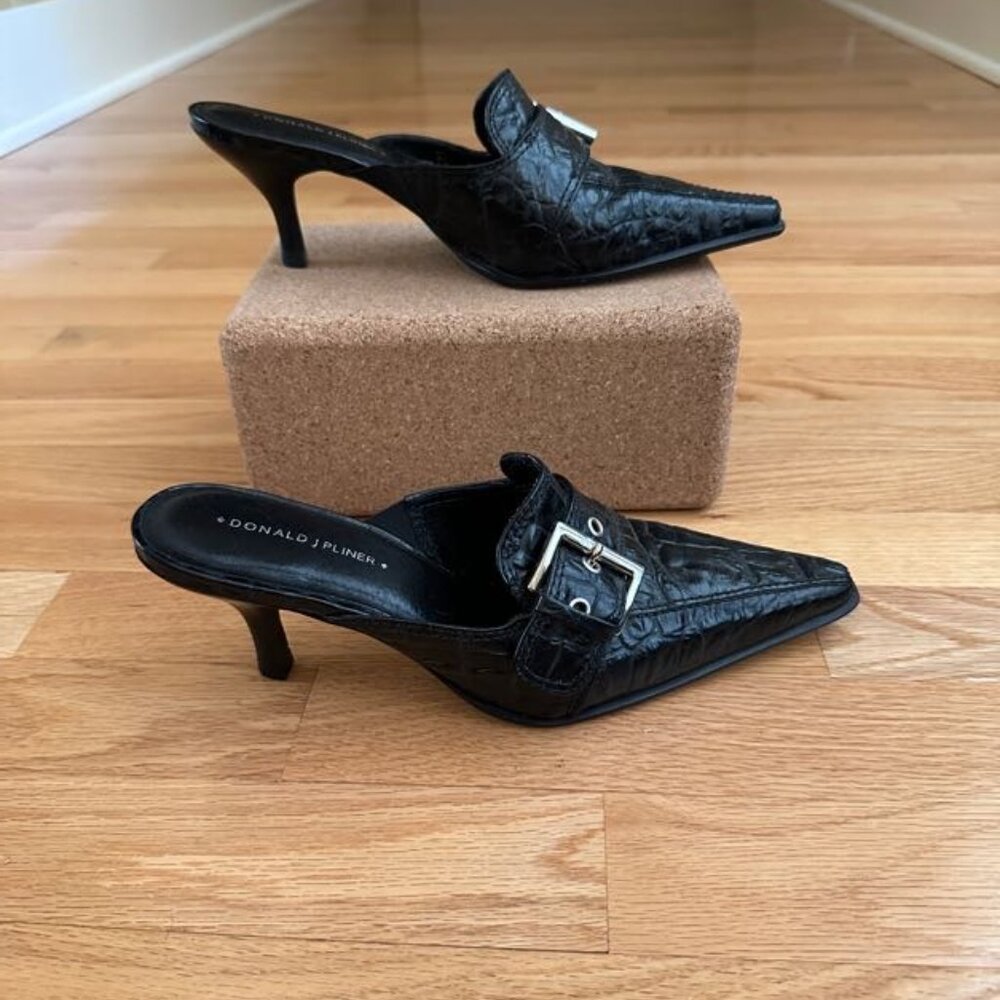 Donald J. Pliner Black Mules with Buckle Detail